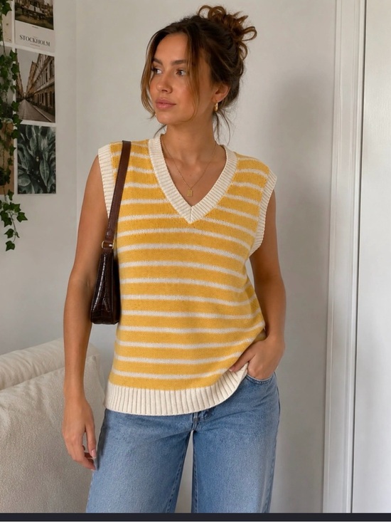Zara Sweaters - Zara Yellow and Cream Striped V-Neck Sweater Vest